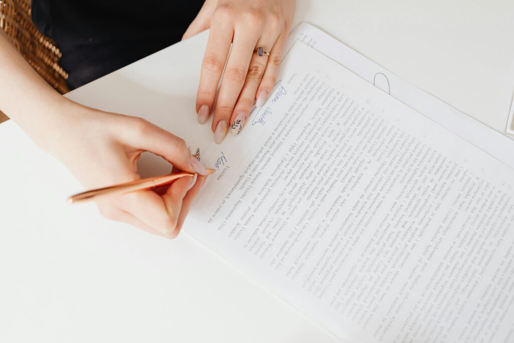 A female student attending to a document