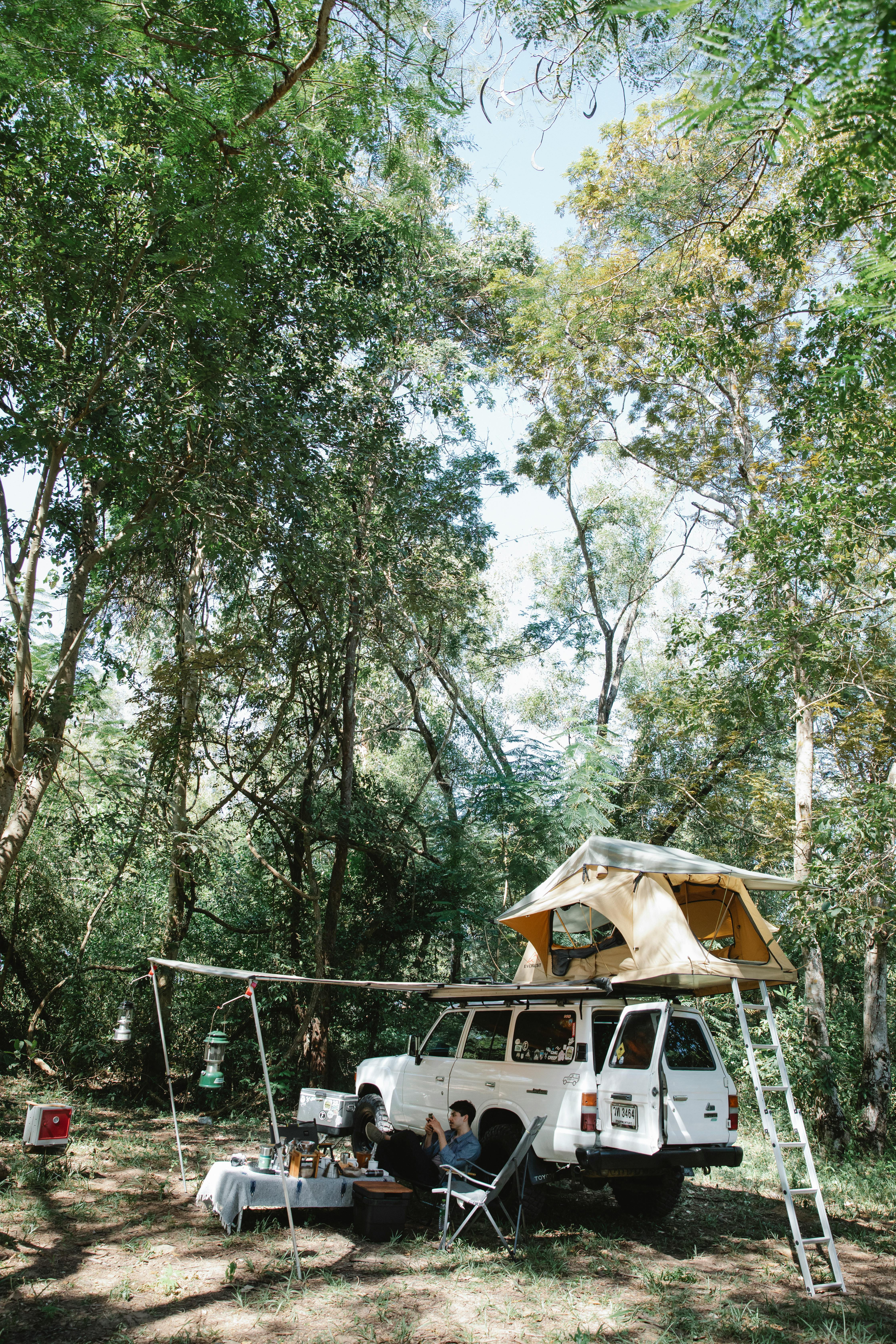 a van set under a tent